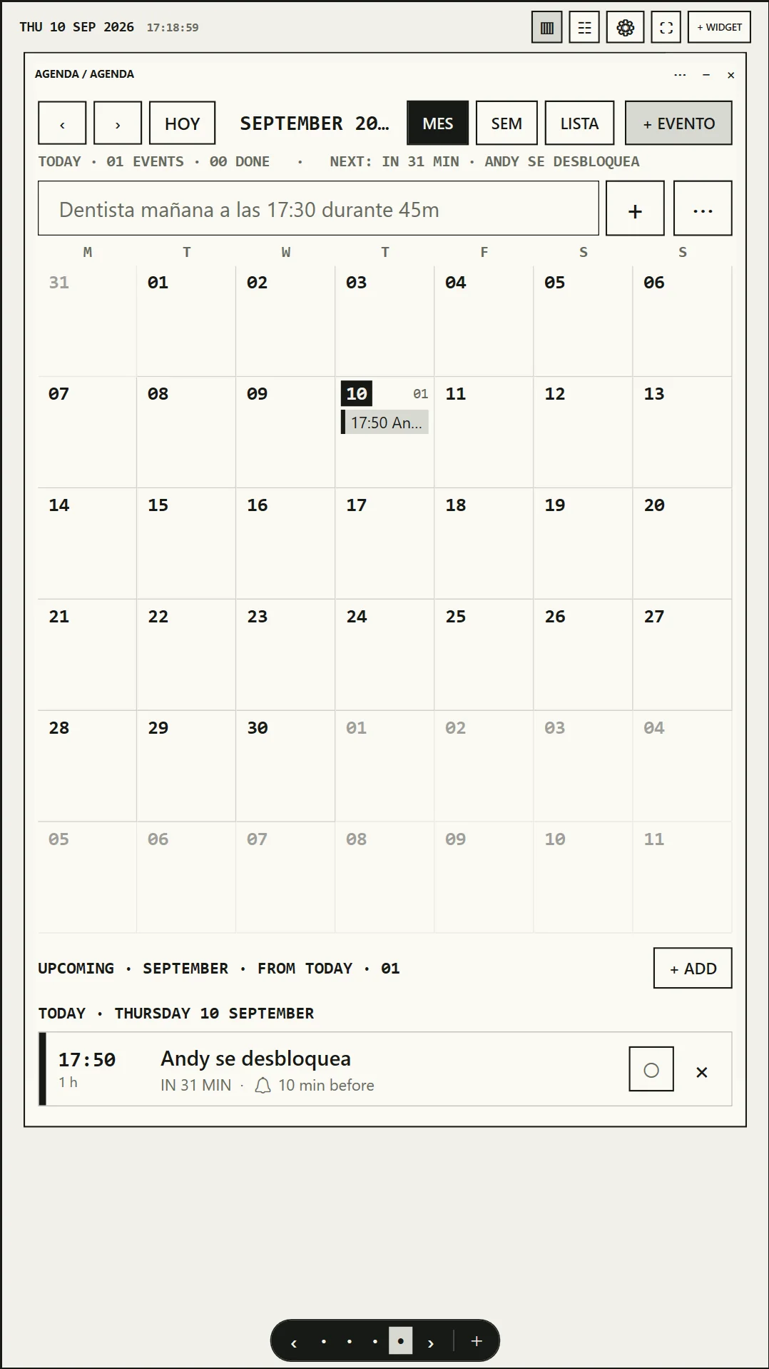Calendario de PomoDock con vista mensual y próximos eventos